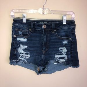 American Eagle Hi Rise Shortie Dark Wash Distressed Jean Shorts